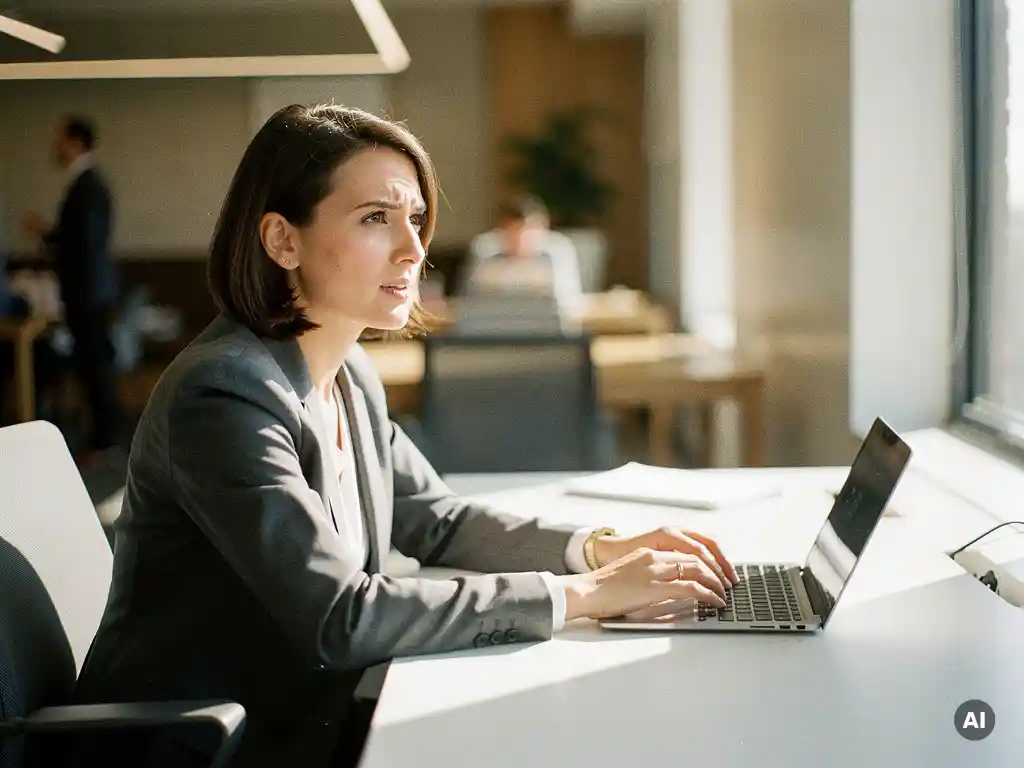Recruiter wacht aan modern houten bureau met handen op toetsenbord, blik gericht op lege stoel tegenover hen, kantoor op achtergrond.
