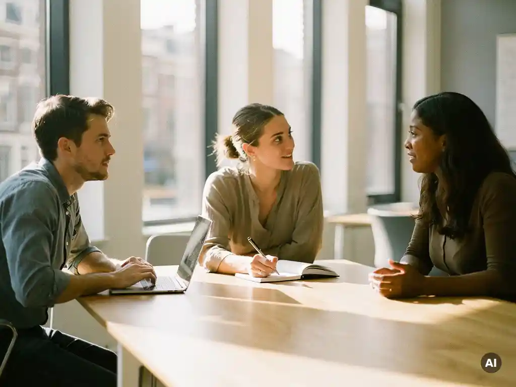Drie recruiters overleggen rond een houten bureau in een licht Amsterdams kantoor, met laptop en notities.