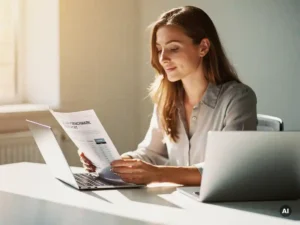 HR-professional bestudeert salarisbenchmark rapport aan modern bureau met laptop en natuurlijk licht.