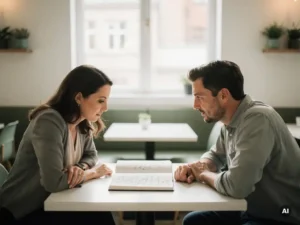 Vrouw deelt handgeschreven notities met collega aan cafétafel in licht kantoor met natuurlijk daglicht.