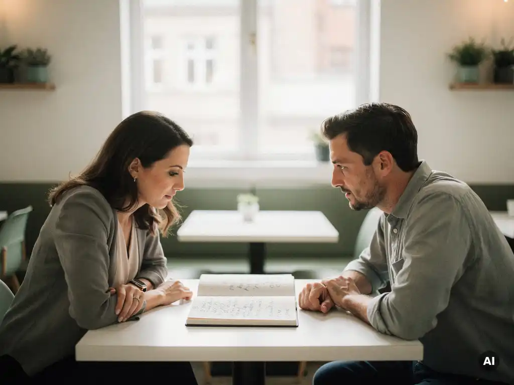 Vrouw deelt handgeschreven notities met collega aan cafétafel in licht kantoor met natuurlijk daglicht.