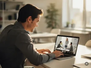 Sollicitant bekijkt video van collega's op het werk op laptop, leunend voorover in modern kantoor met warm natuurlijk licht.