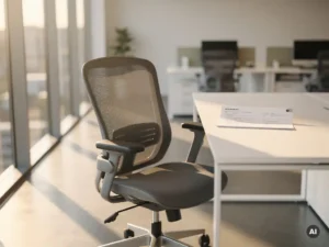 Leeg bureaustoel voor modern bureau met onbeoordeeld cv, warm natuurlijk licht en open kantooromgeving op de achtergrond.