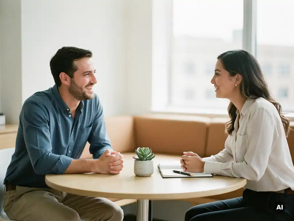 Recruiter en kandidaat in gesprek aan een tafel in een licht modern kantoor, met een succulent en notitieboek op de voorgrond.