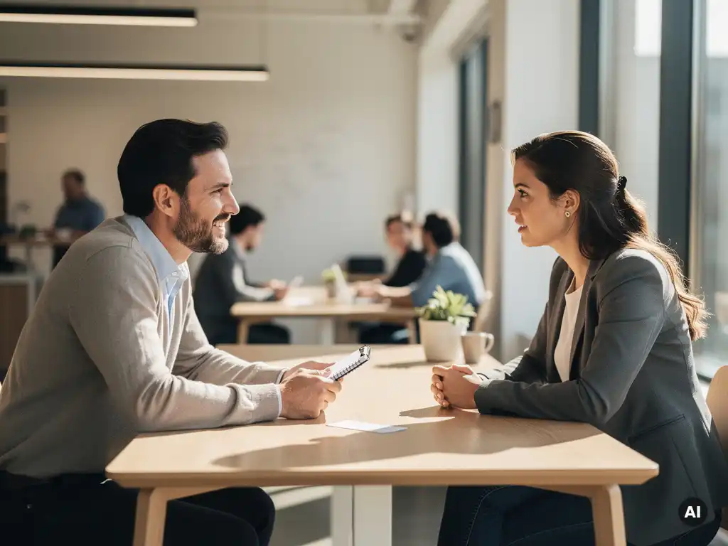 Recruiter en kandidaat in gesprek aan een eiken tafel in een licht modern kantoor, beiden vooroverleunend met betrokken gezichtsuitdrukkingen.