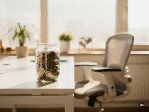 Glazen pot halfvol munten op een modern bureau naast een lege bureaustoel, warm natuurlijk licht vanuit een raam.