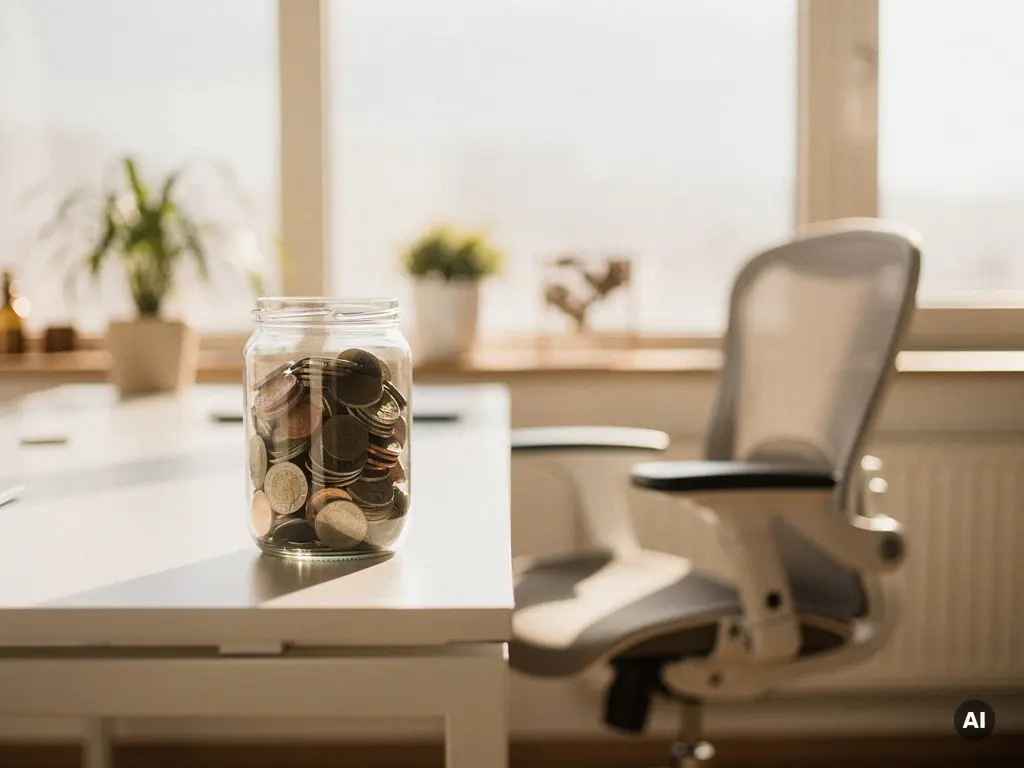Glazen pot halfvol munten op een modern bureau naast een lege bureaustoel, warm natuurlijk licht vanuit een raam.