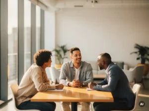 Drie collega's in gesprek rond een houten tafel in een licht modern kantoor, warme natuurlijke belichting.