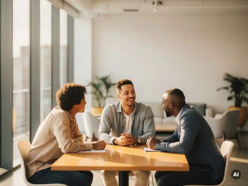 Drie collega's in gesprek rond een houten tafel in een licht modern kantoor, warme natuurlijke belichting.