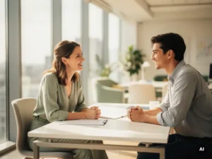 Vrouw in de dertig in gesprek met jongere mannelijke collega aan een modern bureau in een lichte kantooromgeving.