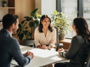 Zelfverzekerde vrouw in gesprek met twee collega's aan een moderne, zonnige kantoortafel met planten op de achtergrond.