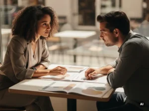 Twee collega's bekijken employer branding materialen aan een cafétafel in een lichte kantooromgeving.
