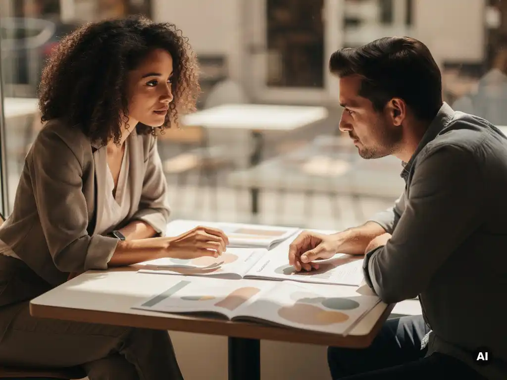 Twee collega's bekijken employer branding materialen aan een cafétafel in een lichte kantooromgeving.
