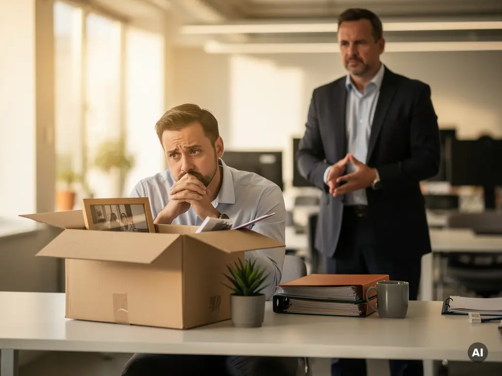 Werknemer in de dertig pauzeert bij bureau met half ingepakte kartonnen doos, bezorgde manager op de achtergrond in modern kantoor.