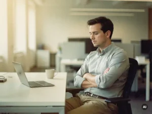 Werknemer zit peinzend aan een modern bureau in een open kantoor, gekruiste armen, blik naar beneden gericht, warm natuurlijk licht.