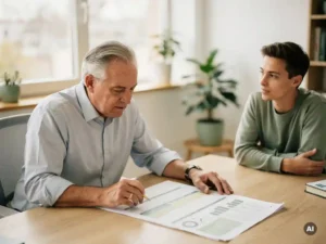 Ervaren medewerker van in de vijftig bestudeert planningsdocument aan modern bureau, jongere collega zit ontspannen naast hem in warm kantoor.