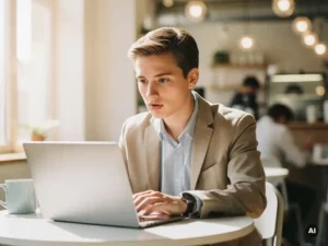 Werkzoekende in modern café die met lichte aarzeling naar laptopscherm kijkt tijdens online zoeken naar vacatures.