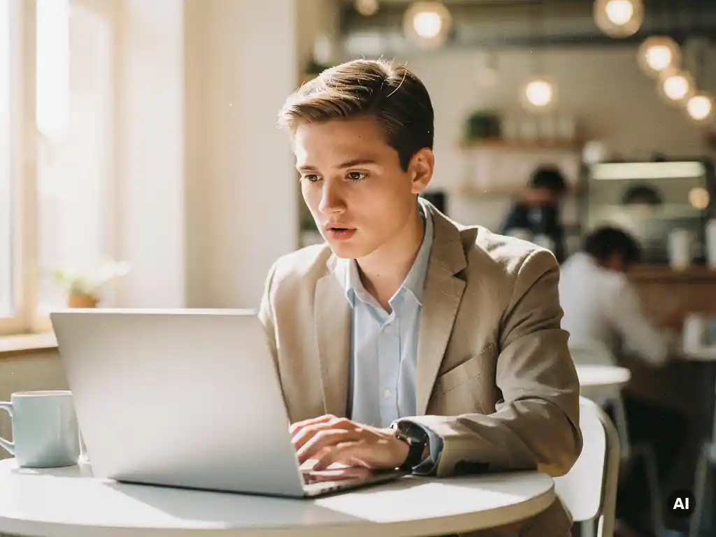 Werkzoekende in modern café die met lichte aarzeling naar laptopscherm kijkt tijdens online zoeken naar vacatures.