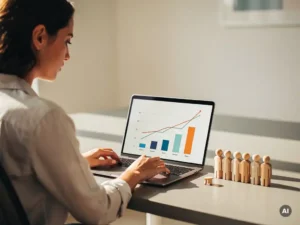 Recruiter bekijkt groeigrafiek op laptop naast houten figuurtjes die nieuwe medewerkers symboliseren, warm kantoortafereel.