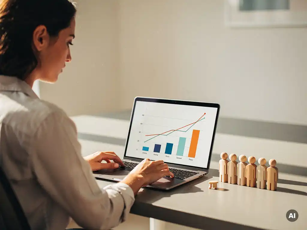 Recruiter bekijkt groeigrafiek op laptop naast houten figuurtjes die nieuwe medewerkers symboliseren, warm kantoortafereel.