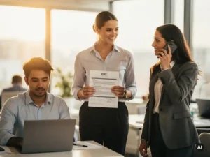 Drie professionals in een lichte open kantoorruimte, elk bezig met een ander wervingskanaal: laptop, cv en telefoon.